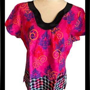 Los Angeles Rose Scrub Top Hot Pink Multi Color Blk Trim Size Medium